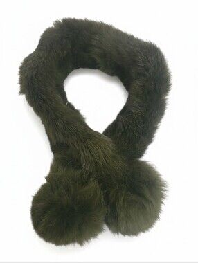 Plush Dark Olive Rabbit Fur Scarf with Pom-Poms
